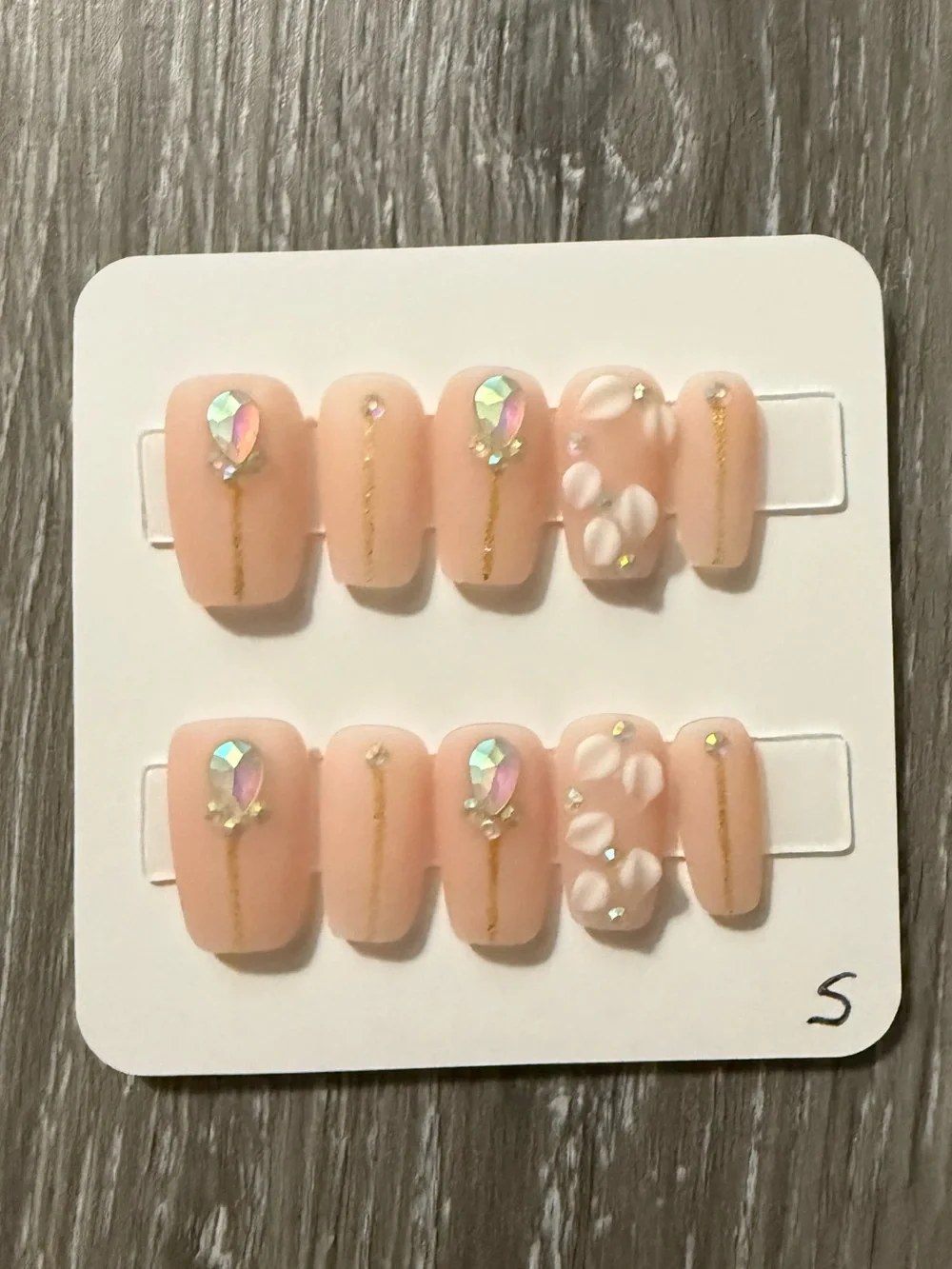 Peach Nude Matte Press-On Nails with Rhinestones & 3D Flowers